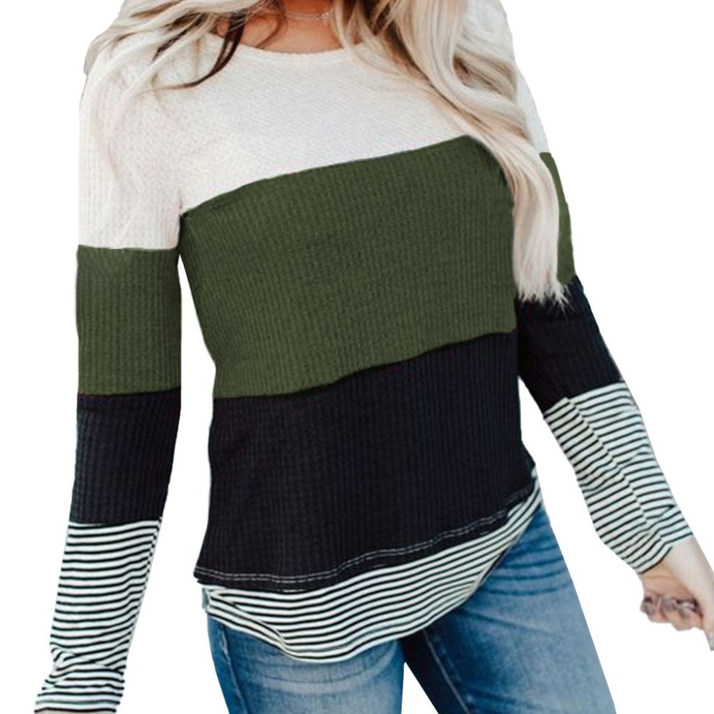 Green Stylish Colorblock Splicing Stripes Top - Picture 5 of 6